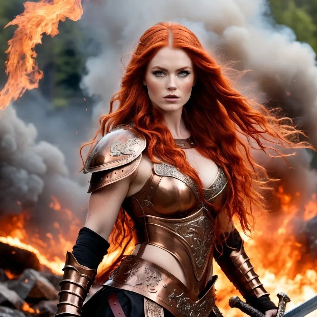 Prompt: Gorgeous ultra-muscular 25-year-old Finnish goddess with huge busom and ridiculously long wavy fiery red hair, dressed as a warrior princess in complete bronze armor and a gleeming steel longsword in the midst of a bloody and fiery battle.