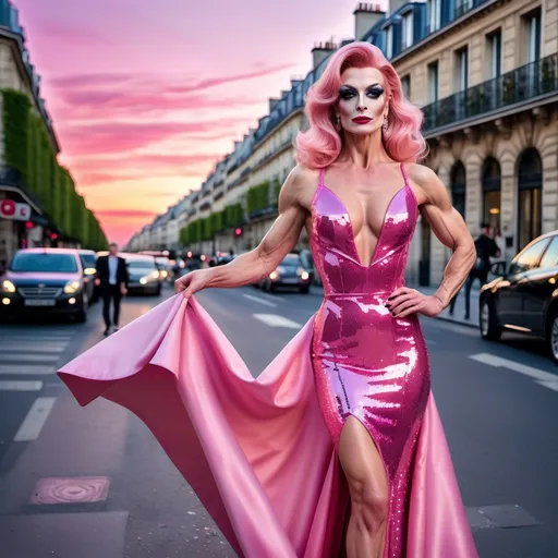 Prompt: Create a digital photograph of a beautiful stylish French drag queen bodybuilder (((with very strong masculine jawline and brow))), wearing a very classy yet flamboyant Versace pink sequined gown with 8 inch stiletto heels. She is walking contently on the streets of Paris at sunset.