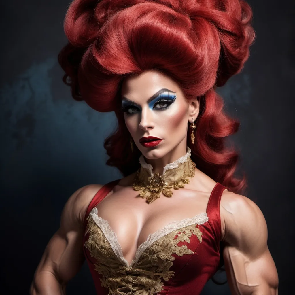 Prompt: Gorgeous ultra-muscular 25-year-old Czechian drag queen bodybuilder (French Revolution 1789), (historic attire), elegant gown with intricate lace, 8 inch stiletto high heel colonial shoes, powdered wig, dark eyeshadow, heavy mascara, and dark red lipstick, (dramatic atmosphere), (rich colors), vivid reds, deep blues, and gold accents, (historical setting), a grand palace courtyard, opulent architecture, (cinematic lighting), moody and intense, (4K), ultra-detailed visuals.