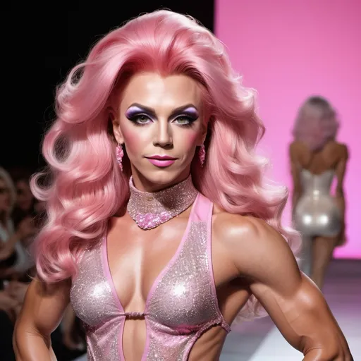 Prompt: David Cassidy dressed up as a Gorgeous statuesque 25-year-old Russian drag queen bodybuilder runway model with pink hair walking the catwalk at a fashion show.