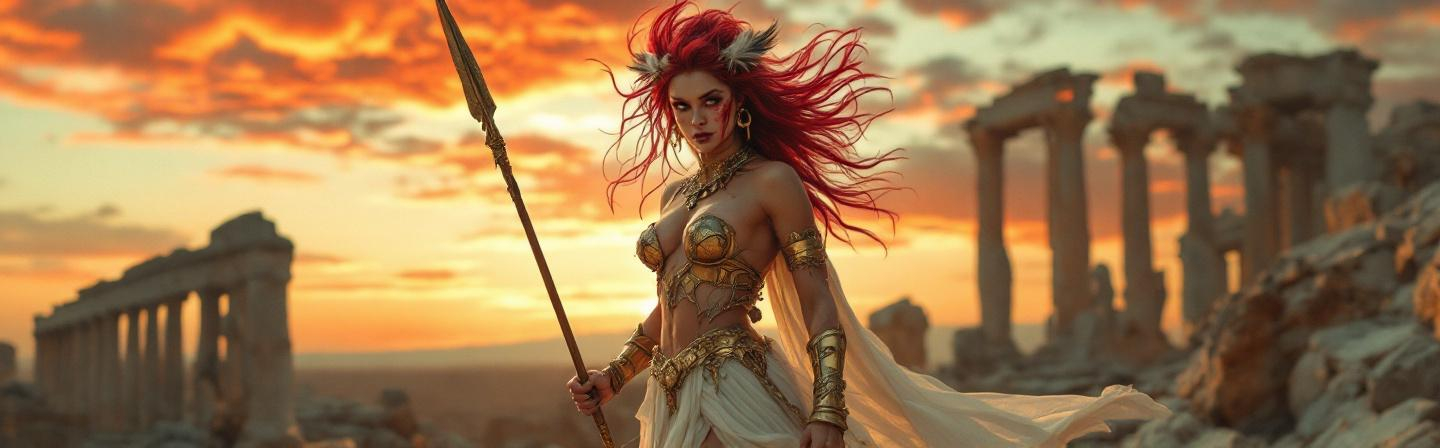 Prompt: 
A fierce and stunning goddess- drag queen standing atop ancient ruins at dawn, with the aura of a wild Amazon and the elegance of a Greek deity. She wears a tattered white Greek gown mixed with animal furs and golden armor fragments. Her hair is red, windswept, and wild, adorned with feathers and bone ornaments. Her eyes burn with divine rage, and blood smears her cheek from battle. In one hand, she holds a broken spear, in the other, a flaming torch. The sky behind her is blood-red, and broken marble statues lie shattered at her feet. She is both sacred and savage — a goddess of war and beauty reborn. Cinematic lighting, professional photography, shallow depth of field, ultra-realistic detail, 4K.
