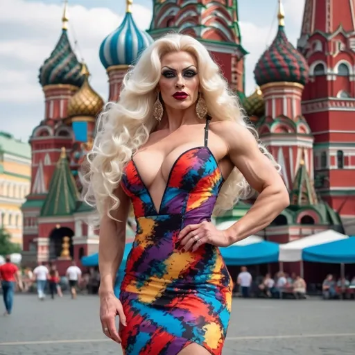 Prompt: Photo of a gorgeous muscular 35-year-old Russian drag queen bodybuilder with very long wavy platinum blonde hair, dark eyeshadow,  dark lipstick, and huge busom, wearing a vivid-colored summer sundress and 8 inch stiletto high heels, fierce expression, standing on a Russian street and the iconic Red Square in the background provide a vibrant, cinematic backdrop.  High-resolution camera with Canon EOS R3 and RF 85mm f/1.2 lens captures