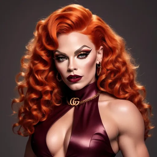 Prompt: I would like to create a beautiful muscular 35-year-old Norwegian drag queen. Full burnt orange curly hair, big busom, and full burgundy lipstick, designer gucci pattern outift gucci designer outfit