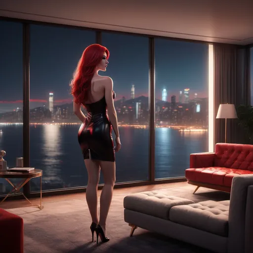 Prompt: a living room with a large window overlooking a city skyline at night time with a couch and chairs in front of a large window, Alena Aenami, photorealism, unreal engine render, a digital rendering, a beautiful muscular French drag queen in short office dress stands by the bay window and looks out, a digital painting, long red straight hair, high definition, sunlight, 8k,4k, arabesque, 