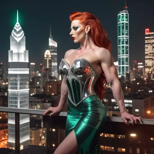 Prompt: Delicate gorgeous ultra-muscular 35-year-old red haired drag queen bodybuilder overlooking city from balcony, photorealism, silver corset and skirt, emerald eyes, pale skin, heart-shaped face, metropolitan nightscape, skyscrapers, highly detailed, 8k photo, photorealistic, delicate beauty, intricate details, city lights, atmospheric lighting