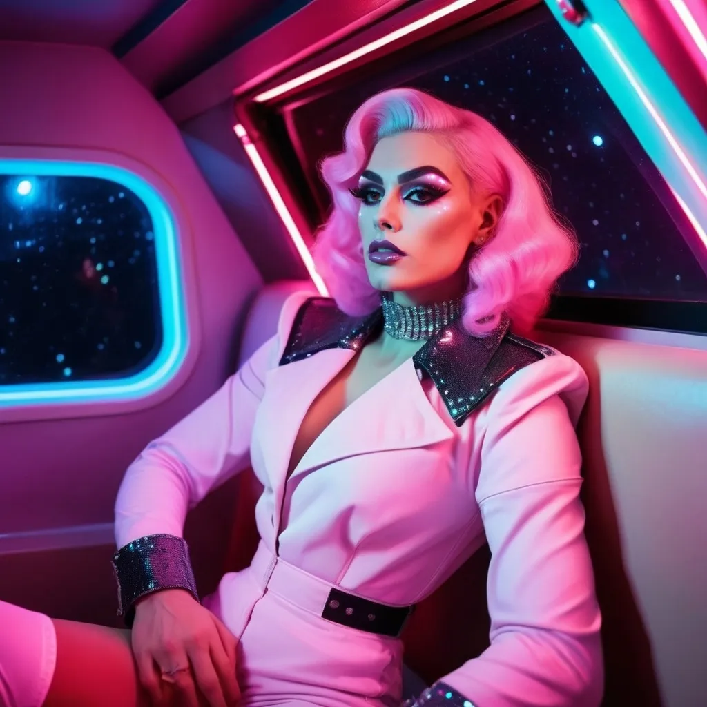 Prompt: Gorgeous nostalgic 25-year-old caucasian Polish drag queen (very strong masculine jawline and brow features) with big busom inside a spaceship, in light clothes, sitting in bed under pink neon lights, looking to the stars through the window