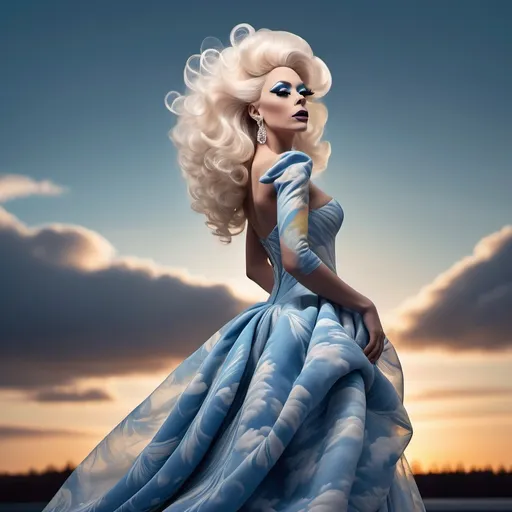 Prompt: (masterpiece), (best quality), (ultra-detailed), A gorgeous 25-year-old Finnish drag queen standing gracefully, her delicate figure silhouetted against the backdrop of a breathtakingly beautiful sky. The air is filled with a sense of serene tranquility as the wind gently rustles through her hair, causing the extremely delicate and beautiful fabric of her dress to billow softly around her. As she gracefully moves, flying splashes of water and petals accompany her, caught up in the ethereal dance of the wind. The scene is a symphony of beauty, with every detail meticulously crafted to evoke a sense of wonder and awe