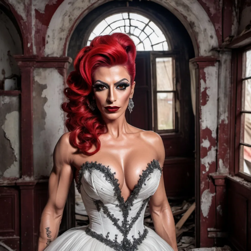 Prompt: Gorgeous muscular 35-year-old Turkish drag queen (masculine facial features) with bright red updo hair, dark eyeshadow, and dark lipstick wearing a Ball gown wedding dress in an old dilapidated house.