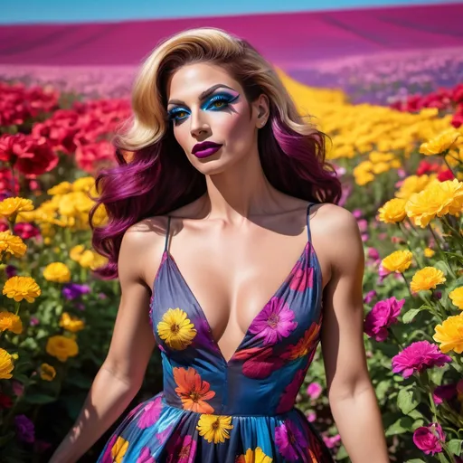 Prompt: (Gorgeous muscular 25-year-old French drag queen walking through a field of vibrant colored flowers), (flowing summer dress just above the knees), basking in the warm sunlight, surrounded by a dazzling array of flowers in full bloom, dark smoky eyeshadow,  dark lipstick, vivid colors like magenta, yellow, and blue, clear blue sky above, cheerful ambiance, high-resolution 4K imagery, capturing the blissful essence of a perfect summer day.