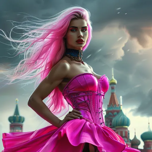 Prompt: Gorgeous ultra-muscular 25-year-old Romania goddess bodybuilder with ridiculously long straight shiny pink hair (blowing  in  the  wind) in colorful neon pink and black miniskirt, snokey eye shadow, dark mascara, dark red lipstick, highly detailed face, UHD, volumetric lighting, standing on a bluff, distant storm approaching Moscow, futuristic fashion, elegant pose, cityscape, urban, intense gaze, highres, ultra-detailed, glamorous, fashion, atmospheric lighting, modern