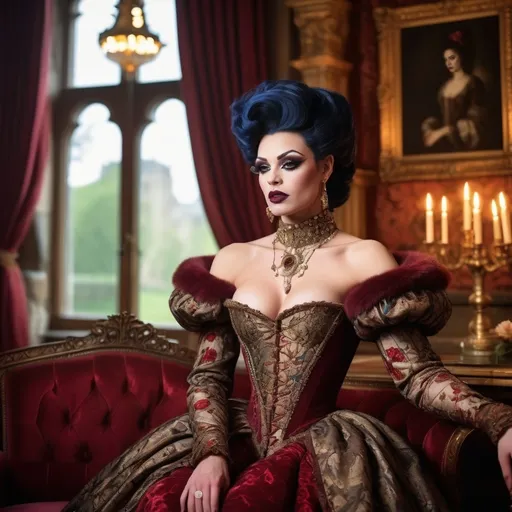 Prompt: Gorgeous muscular 25-year-old British drag queen, dark lipstick, heavymascara, vibrant Tudor-era attire, intricate lace details, embroidered patterns, serene expression, elegant pose, rich background of a historic castle, warm gold and deep crimson tones, soft diffused lighting, classical artwork style, ultra-detailed, regal atmosphere, capturing the essence of 16th-century nobility, majestic ambiance.