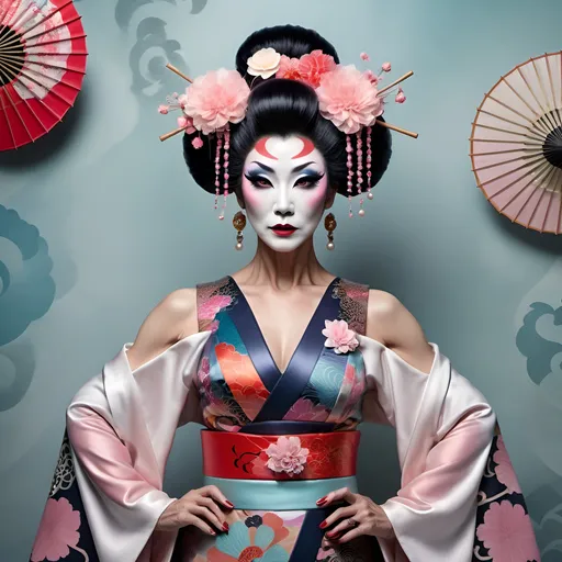 Prompt: Gorgeous muscular 55-year-old Japanese drag queen dressed up as a Avantgarde geisha, (innovative styling), pastel colors, intricate patterns, striking makeup, (dramatic hairstyles), seamless blend of tradition and modernity, (elegant pose), atmospheric background with abstract elements, captivating and surreal vibe, (highly detailed), enchanting yet edgy aesthetic, (4K quality), intriguing juxtaposition of vintage and contemporary.