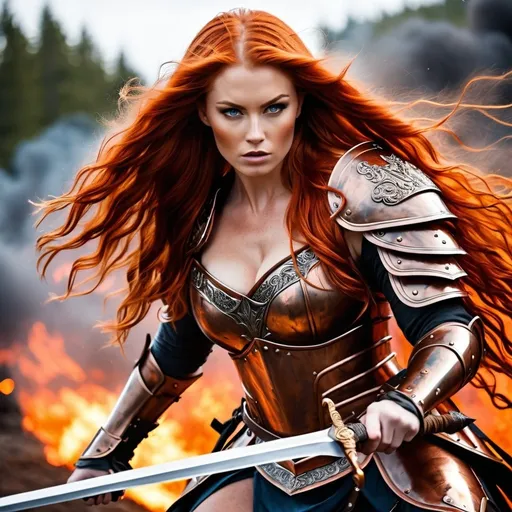 Prompt: Gorgeous ultra-muscular 25-year-old Finnish goddess with huge busom and ridiculously long wavy fiery red hair, dressed as a warrior princess in complete bronze armor and a gleeming steel longsword in the midst of a bloody and fiery battle.