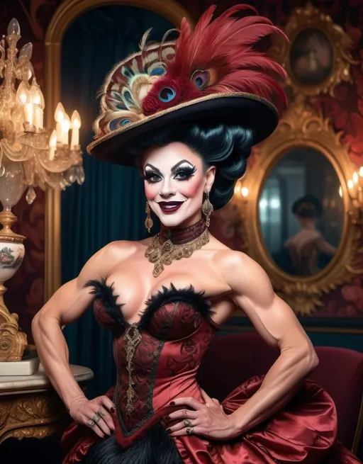 Prompt: Victorian-era (beautiful smiling British drag queen bodybuilder), adorned in an elegant rococo-style dress, wearing a striking hat embellished with (feathers), surrounded by an opulent, richly decorated background with intricate patterns and luxurious textures. Long dark red updo hair. Dark eye makeup and dark lipstick. The ambiance exudes a sense of charm and sophistication, with soft, warm lighting illuminating her figure. 4K ultra-detailed, vibrant color tones that capture the essence of the era.