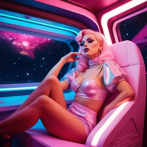 Prompt: Gorgeous nostalgic 25-year-old caucasian Polish drag with big busom inside a spaceship, in light clothes, sitting in bed under pink neon lights, looking to the stars through the window