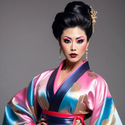 Prompt: The most beautiful muscular 35-year-old Japanese drag queen (with very strong masculine jawline and facial features) with stylish black shiny updo hair and large busom.  Wearing a sassy, cute, stylish, colorful kimono style dress and 8 inch platform stiletto high heel knee-high boots.  Dark eyeshadow,  dark lipstick,  heavy mascara. 