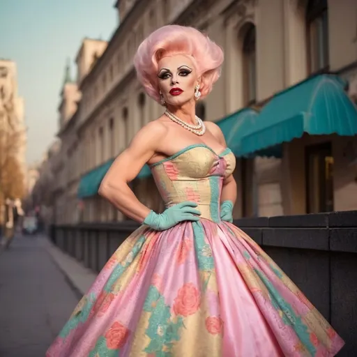 Prompt: Gorgeous ultra-muscular 25-year-old Hungarian drag queen (wearing a vintage fashion), (1950s style), elegant outfits, fitted dresses, petticoats, bold patterns, retro accessories, heels, vibrant colors, soft pastel shades, nostalgic atmosphere, warm lighting, high-quality, ultra-detailed, stylish urban setting, glamorous poses, cheerful mood, classic hairstyles, cinematic masterpiece.