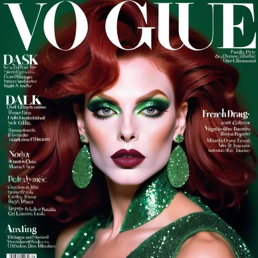 Prompt: (90s Vogue Magazine Cover), ethereal and whimsical, (vibrant color scheme), high-fashion editorial style, gorgeous muscular 35-year-old French drag queen model (masculine facial features) with sassy dark red hair, striking green eyes, dark smoky eyeshadow, enchanting expression, pretty lips, dark lipstick, luxurious glittery details, magical aesthetic, ultra-detailed, sparkly, glossy finish, captivating photography with dramatic lighting, alluring atmosphere, cosmopolitan elegance, celebrity fashion icon, stylish and trendy presentation.