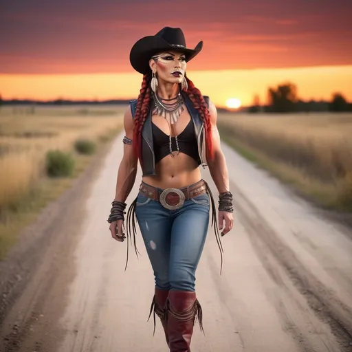 Prompt: Create a realistic depiction of a gorgeous muscular 35-year-old Native American Drag queen bodybuilder with a big busom and long dark red bubble braided hair, wearing tight ripped jeans, leather vest, cowboy hat, and 8 inch stiletto thigh-high high heel boots walking a dirt road at sunset, smirking.