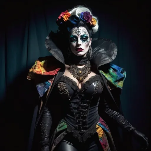 Prompt: Cloaked night time vigilante hero, The Tattered Drag Queen, stunning full body costume made of eclectic patches and rags, a luminous halo of shadows encompassing her silhouette, mysterious atmosphere, moody lighting, dramatic contrasts, inspired by the unique style of Dave McKean, high detail, ultra-detailed HD image, deep tones and textures, creating an intense sense of intrigue and allure.