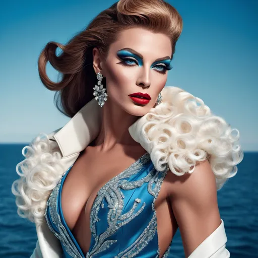 Prompt: A mesmerizing portrait graces the cover of an elite fashion magazine, capturing the essence of high-end sophistication. Set against a ocean-blue backdrop, the gorgeous, muscular, Hungarian drag queen (slight masculine jawline and brow features), model exudes confidence and allure, Large busom, adorned in exquisite fashion garments that epitomize elegance and class. This breathtaking image transcends traditional notions of style, embodying an innovative vision of haute couture that pushes the boundaries of modern aesthetics.