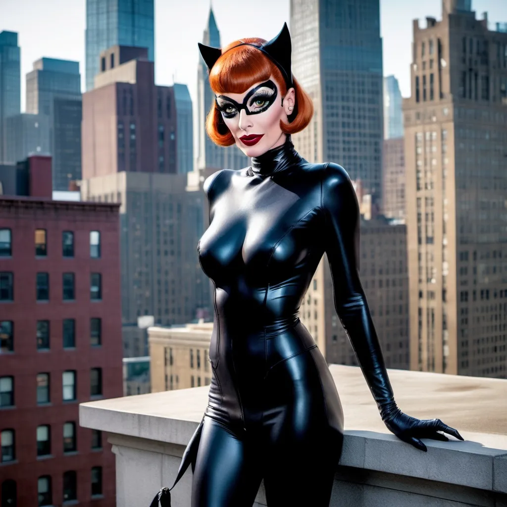 Prompt: Lois Griffin dressed as a 25-year-old gorgeous drag queen Catwoman posing on the ledge of a building, high above Gotham.