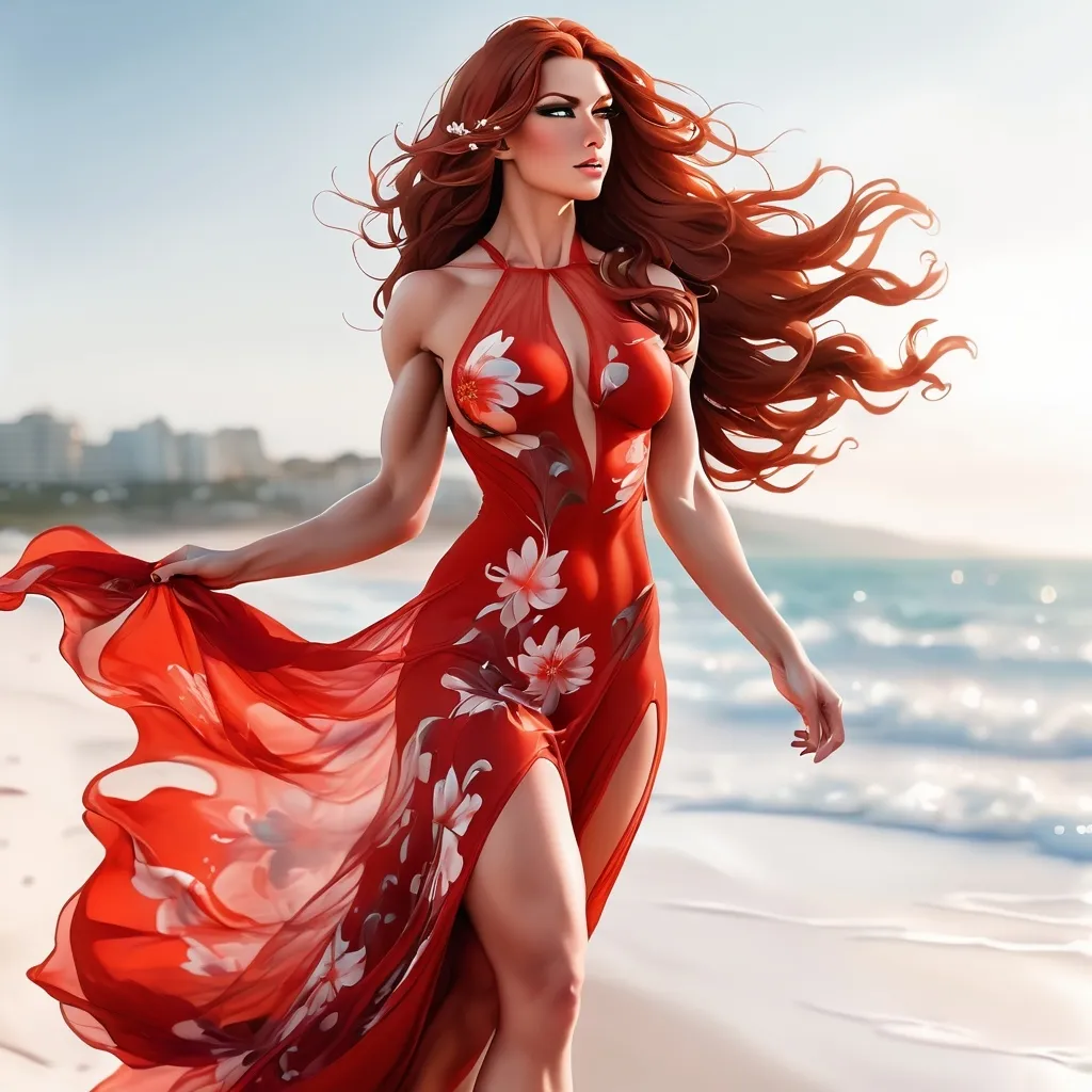 Prompt: Gorgeous ultra-muscular goddess bodybuilder, 26yo, immaculate makeup, ridiculously long wavy dark orange hair (((blowing in the wind))), wearing long red see-through flower print Empire Dress with a high neck line, walking elegantly by the sea at dawn, walking on white beach sand, side view