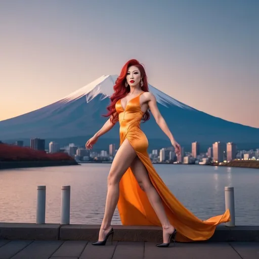 Prompt: Hi-res, 8k hd, Full body photography, Gorgeous tall muscular Japanese drag queen bodybuilder, 25-year-old, ultra-long straight dark orange hair (((blowing in wind))), long muscular legs, muscular physique, dark smoky eyeshadow, dark red lipstick, smiling, short yellow cotton sundress, 8 inch stiletto high heel shoes, standing in front of the Mt. Fuji at dusk, 8k photo, elegant, stylish, detailed features, highres, natural lighting, vibrant colors. Full length photography, full body photography. Ultra-detailed,  ultra-realistic. 