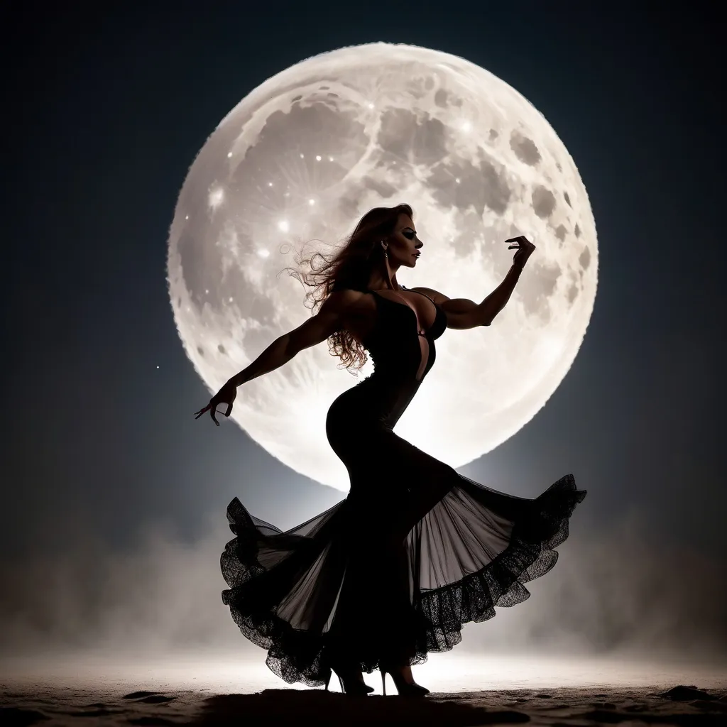 Prompt: Gorgeous muscular 25-year-old Hungarian drag queen bodybuilder (with long wavy hair, flamenco dress and 8 inch stiletto high heel shoes) dancing flamenco in silhouette through a giant full moon.