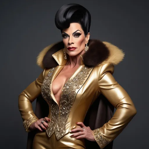 Prompt: "A gorgeous muscular Swiss drag queen in her late forties with striking dark graying hair and brown eyes that shimmer with a golden hue. She has a sharp, regal face and an air of authority. Known as the 'Golden Dutchess,' she is tall and muscular, exuding confidence and refinement. Dressed in a tailored noble coat with intricate detailing, she stands in a grand hall, her demeanor poised yet guarded, hinting at a troubled past beneath her polished exterior."