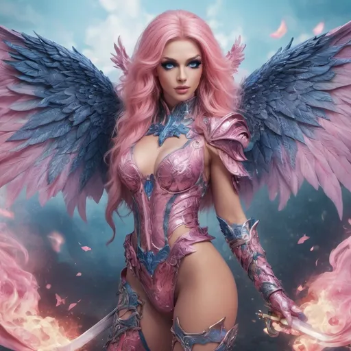 Prompt: A beautiful 25-year-old European drag queen bodybuilder with a sword and large beautiful angel wings of pink fire. She has auras of: dragons, pink petals, blue flowers, and pink thunders. Her feet are beautifully arrayed in blue thigh high boots.