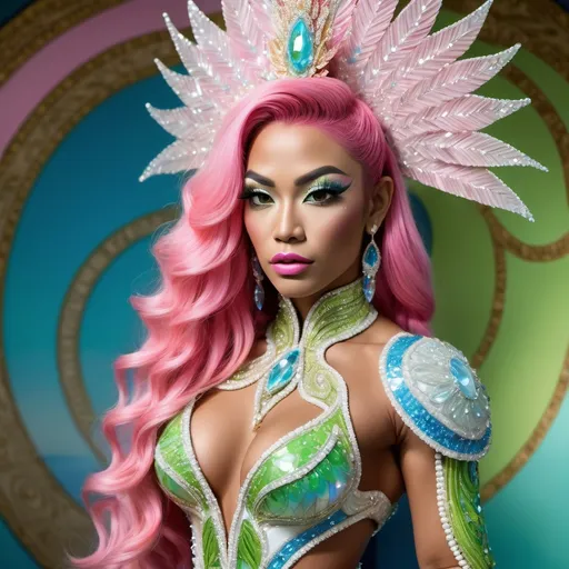 Prompt: Divine Angelic gorgeous muscular 25-year-old Polynesian Hawaiian Balinese Thai drag queen bodybuilder wearing an extravagant costume with vibrant pink styled hair and green eyes in zuhair Murad beaded fitted embellished pearly white blue gold chartreuse pink pastel blue luminous blue topaz platinum silver chrome white pearl opal diamond Swarovski crystal costume gown as a Sandro Botticelli full body painting with large Cartier royal floral jewels and mother of pearl and white abalone aquamarine headdress with pearls blue lotus