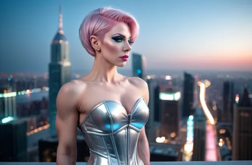 Prompt: Delicate gorgeous ultra-muscular 25 years old drag queen bodybuilder overlooking city from balcony, short stylish pink hair, photorealism, silver corset and skirt, ice blue eyes, pale skin, heart-shaped face, metropolitan nightscape, skyscrapers, highly detailed, 8k photo, photorealistic, delicate beauty, intricate details, city lights, atmospheric lighting