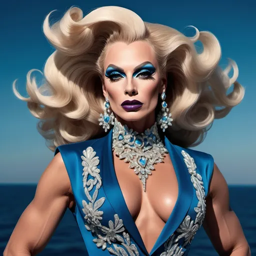 Prompt: A mesmerizing portrait graces the cover of an elite fashion magazine, capturing the essence of high-end sophistication. Set against a ocean-blue backdrop, the gorgeous, muscular, Hungarian drag queen (slight masculine jawline and brow features), model exudes confidence and allure, Large busom, adorned in exquisite fashion garments that epitomize elegance and class. This breathtaking image transcends traditional notions of style, embodying an innovative vision of haute couture that pushes the boundaries of modern aesthetics.