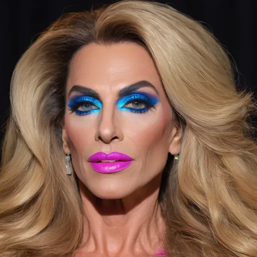 Prompt: (neon-colored liquid), stunning 45-year-old French drag queen beauty (extremely strong masculine jawline and brow features), expressive (blue) realistic eyes gazing directly at the viewer, long flowing hair, pronounced cheekbones emphasizing her perfect facial structure, ethereal glow bursting with vibrant hues, surreal and enchanting atmosphere, high definition, ultra-detailed, captivating visual masterpiece showcasing the blend of nature and fantasy.