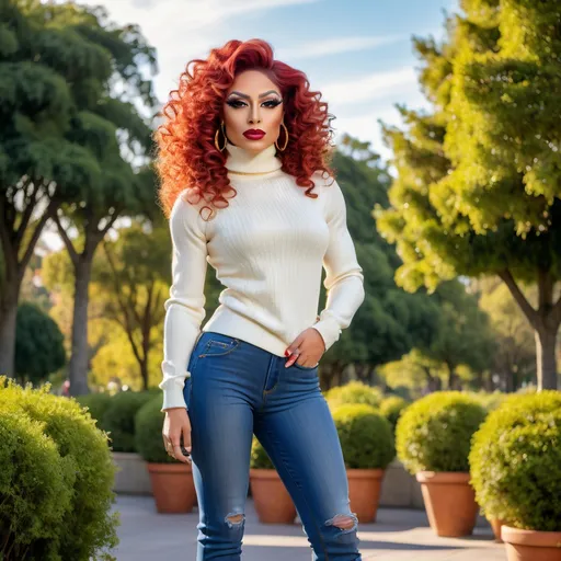 Prompt: (Gorgeous ultra-ultra-muscular 25-year-old  Latina drag queen), (dark red shoulder-length curly hair), (heavy gold jewelry), wearing a white turtle neck sweater, blue jeans, and stylish 8 inch stiletto high heel boots, fullbody , standing with a confident pose, vibrant open park background with lush greenery and serene surroundings, dramatic natural lighting, showcasing bold facial features with heavy mascara and dark red lipstick, ultra-detailed, vibrant colors, capturing a youthful and energetic ambiance.