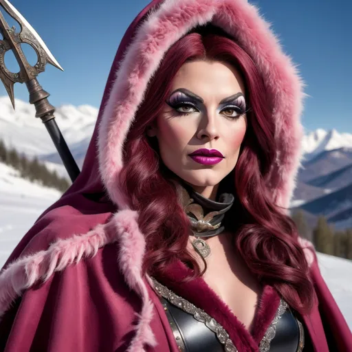 Prompt: A hi-res 8k hd digital photograph of a proud gorgeous rugged drag queen (with masculine jawline and brow) cowgirl with huge busom in winter snowy mountains. She is wearing a dark pink cloak lined with fur and a scarf over metal armor. She has ridiculously long wavy dark red hair and a black cowboy hat. She is holding a halberd. It is snowing and windy. She is smiling. Cowboy hat.
