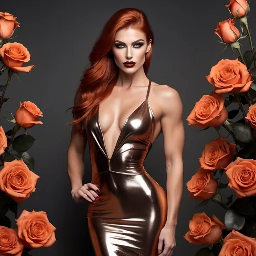 Prompt: Full body portrait of a caucasian gorgeous ethereal ultra-muscular Czechian 25-year-old goddess bodybuilder,  The color scheme of the image is dominated by bronze and iron hues. Her ridiculously long, burnt orange hair is elegantly gathered in a sleek bun, adorned with roses for added sophistication. The ethereal and fairy-like makeup enhances her divine beauty, with intricate bronze accents around her eyes, shimmering highlights on her cheeks, and a radiant, bronze lip color.

The goddess wears a short metallic gown that catches the light and reflects golden highlights as she moves. The view from a distance accentuates the goddess's perfect form 