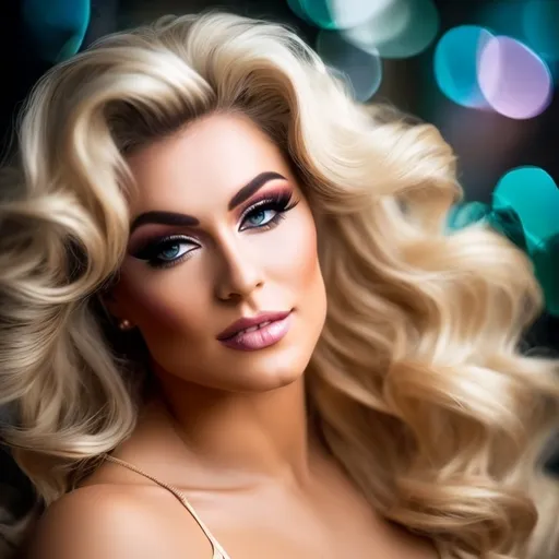 Prompt: Gorgeous ultra-muscular 25-year-old Swedish drag queen bodybuilder in her pomp (rear view), (near-up), (elegant sensitivity), long wavy hair, soft warm lighting, glistening skin, floating iridescent big bubbles, comfy and inviting mood, delicate pose revealing grace, rich textural details, (high-definition), reverie, nostalgic mood.