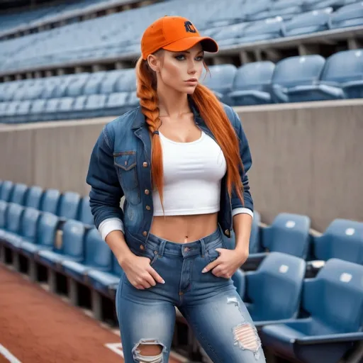 Prompt: Gorgeous ultra-muscular 25-year-old Finnish goddess with huge busom and ridiculously long burnt orange ponytail, wearing baseball cap, denim, full body, hand in pocket, hand on hip, hands in pockets, hat, jacket, pants, photo \(medium\), realistic, shirt, shoes, sneakers, solo, standing, posing at sold-out stadium seats.