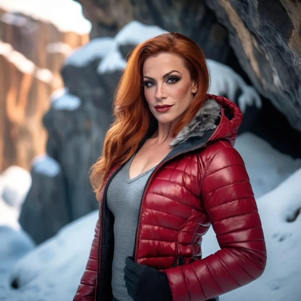 Prompt: professional portrait photograph of a gorgeous muscular 35-year-old French drag queen bodybuilder (strong masculine jawline and brow features) in red winter clothing, long natural red hair, most attractive face, (freckles), nice smile, cute stylish makeup, wearing elegant warm winter fashion clothing, ((standing out side a frozen cave), hyper- realistic, detailed features, realistic lighting, high quality, realistic view,, elegant, realistic setting, professional, detailed, glamorous, actress, iconic, stunning modern urban environment, ultra realistic, concept art, elegant, highly detailed, intricate, sharp focus, depth of field, f/1. 8, 85mm, medium shot, mid shot, (((professionally color graded))), bright soft diffused light, (volumetric fog), trending on instagram, hdr 4k, 8k