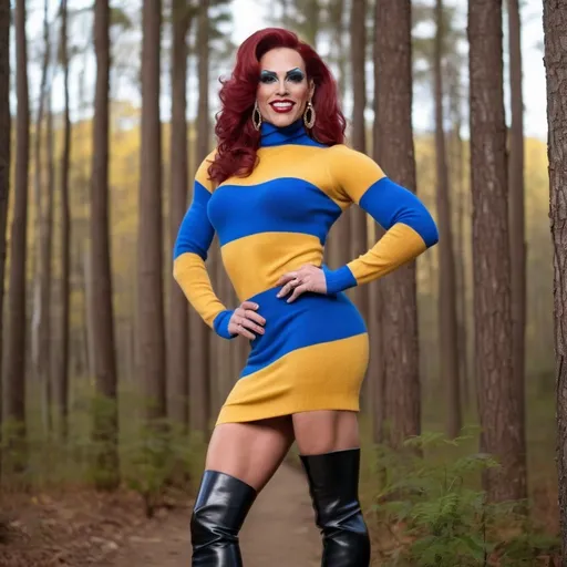 Prompt: Close shot, beautiful smiling tall muscular drag queen (masculine jawline and brow facial features) bodybuilder, 35 years old, dark red medium length wavy hair, blue eyes, yellow  & blue long sweater dress, high heels,  platform thigh high patent leather black boots, standing in a forest. Composition focus on legs. 