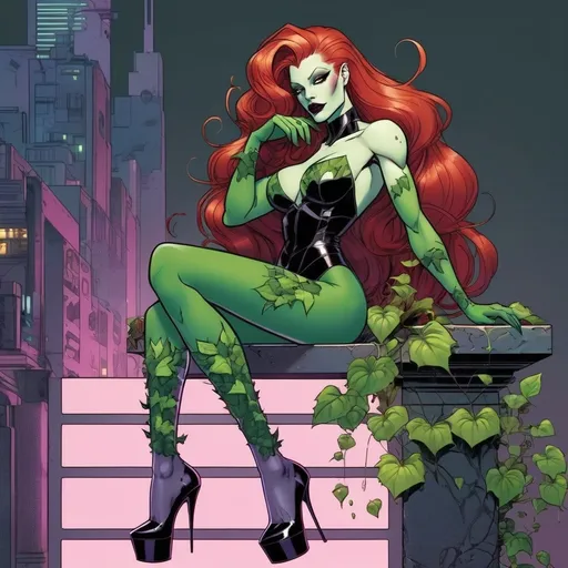 Prompt: Gorgeous muscular cyberpunk drag queen (DC Comics') Poison Ivy, great legs, crystal high heels,  dark lipstick.