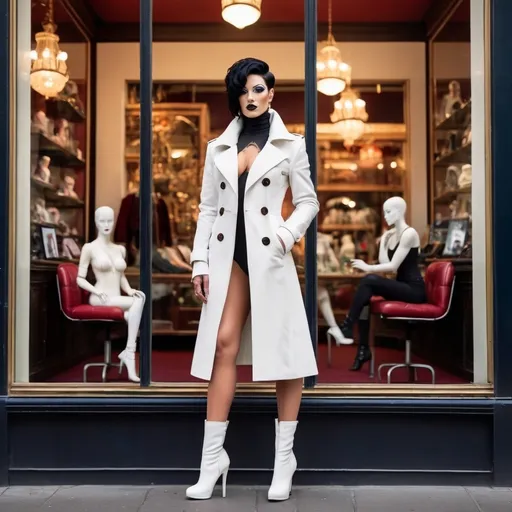 Prompt:  Glamourphotography. Full length three-quarter view. Gorgeous muscular 25-year-old French drag queen bodybuilder (with strong masculine jawline and brow facial features) is wearing a white coat and white 8 inch stiletton ankle boots. She has big busom, dark eyeshadow, dark red matte lipstick, 
and short black hair. She is sitting in front of a shop window among headless mannequins. Vibrant color scheme, intricate steampunk elements, warm lighting, captivating ambiance, ultra-detailed, high quality, fashion, artistic flair.