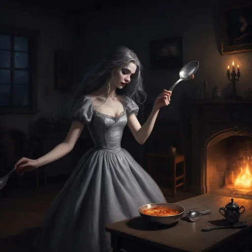 Prompt: She held me spellbound in the night, Dancing shadows and firelight, Crazy laughter in another room, And she drove herself to madness with a silver spoon