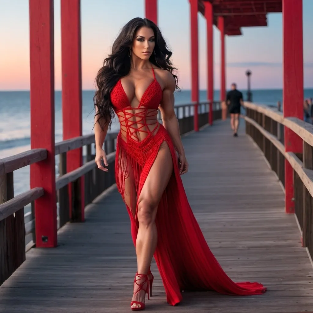 Prompt: Gorgeous ultra-muscular 25-year-old Finnish goddess bodybuilder with huge busom and ridiculously long wavy black hair wearing a beautiful red macrame dress and 8 inch stiletto high heel shoes walking on the boardwalk at dusk.