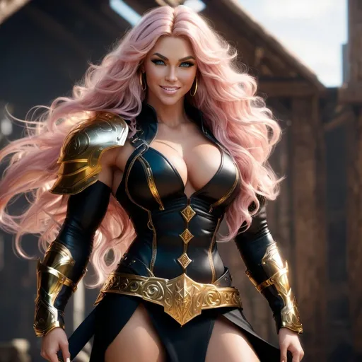 Prompt: Digital Art, gorgeous ultra-muscular 25-year-old viking goddess bodybuilder with huge busom and ridiculously long wavy pink hair, golden gear, black clothes, subtle smile, blue eyes, a black long-sleeve shirt, textured skirt down to knees, black pants, golden armor, 8 inch stiletto high heel boots, golden gear, unreal engine 64k octane, hdr, 3d lighting, full body, full armor