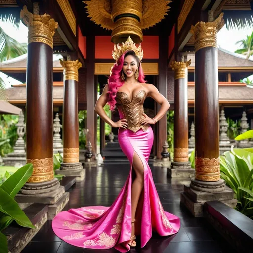 Prompt: Gorgeous ultra-muscular 25-year-old Balinese princess bodybuilder fashion shot in regal avant-garde Kebaya Bali, regal smile, flirtatious, huge busom and ridiculously long shiny pink wavy hair, wearing Balinese traditional bronze accessories and dress, 8 inch stiletto high heel shoes, lush Balinese landscape and Balinese palace background, intricate Balinese scripture on the walls, backed by traditional Balinese dancers, extra high details, superb unreal rendering, panoramic, atmospheric, ultra HDR, vivid, depth of field, bokeh, ultra realistic appearance, life like appearance, 64 megapixels, moody, romantic