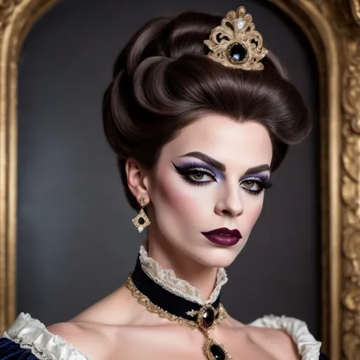 Prompt: A gorgeous muscular 25-year-old French drag queen (with large busom, dark eye makeup, dark lipstick, and strong masculine jawline and brow facial features) regency era noblewoman in aristocratic attire