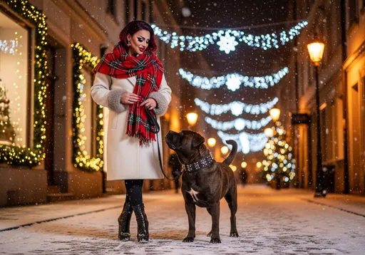 Prompt: An ultrarealistic wide-angle photo of a muscular 35-year-old Spanish drag queen with dark eyeshadow, heavy mascara, dark lipstick, and dark red hair walking down a softly lit cobblestone street in a snow-covered city at night, captured from 4 meters ahead at hip height, slightly angled to the left, with a 35 mm f/2 lens for sharp foreground focus and glowing bokeh from the festive lights behind. She’s bundled in a off white wool coat with faux fur trim around the collar, an oversized red and green plaid scarf wrapped at her neck, and she has long flamboyanly manicured nails.. Her boots are 7 inch stiletto black leather heels with subtle snow dusting, stepping carefully through fresh powder. Beside her walks a dark brown Cane Corso with a studded thick black leather collar with subtle snowflake stitching, leash in hand, tail wagging slightly as it looks up at her. She smiles softly down at the dog, her cheeks rosy from the cold. All around them: glowing shop windows framed in garlands, strings of warm white Christmas lights crisscross overhead, and streetlamps cast amber halos on the falling snow. A fabulously decorated tree glows in the blurred distance, and faint music or laughter lingers in the air. The whole scene feels romantic and real — like she’s just left a dinner party and decided to take the long way home.NEGATIVE_PROMPT:cartoon dog, fantasy lighting, overly saturated colors, plastic fur, no leash, dream glow, glowing skin, distorted city textures, glitchy lights, beauty filters, stiff dog pose